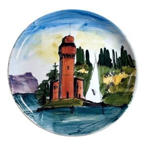 Hand-Painted Italian Ceramic Wall Plate Lighthouse Scene 8” Made In Italy READ